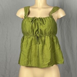 Peplum Tank Top Women Size S Textured Tie Front Olive Green Peasant Cottagecore